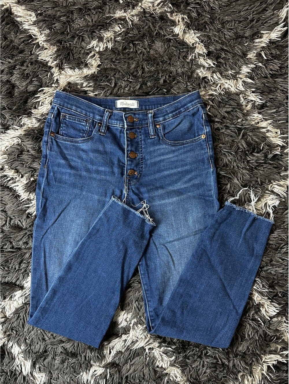 Madewell Mid-Rise Skinny Jeans Size 28 Distressed Hem Button Fly Blue